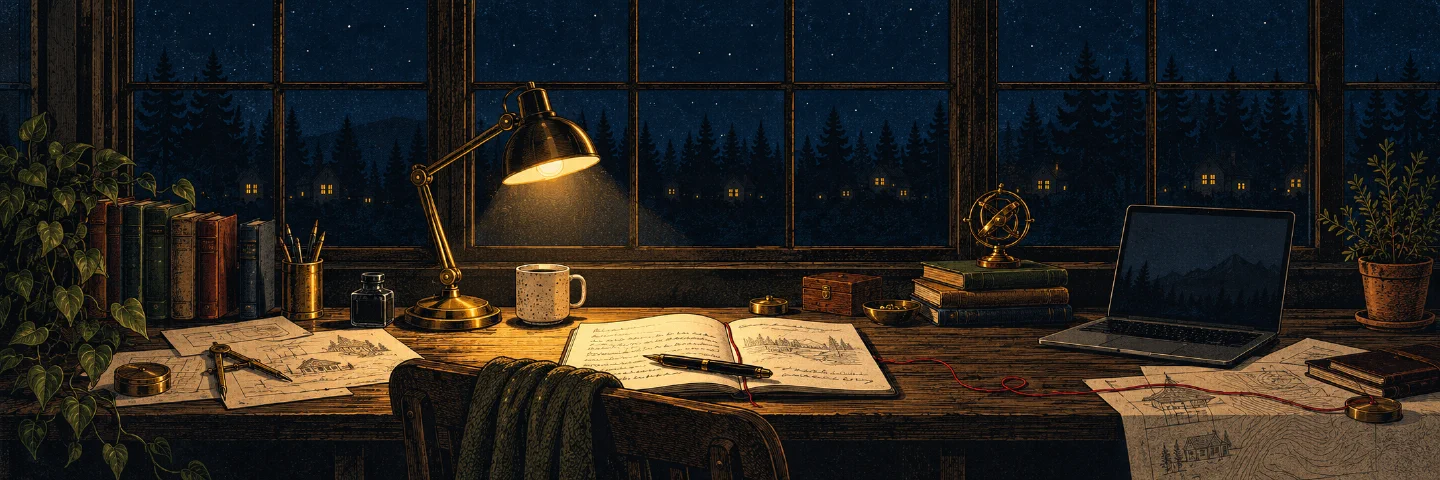 An open notebook and pen on a wooden writing desk, lit by a brass lamp beside workshop windows looking out into a forest at night.